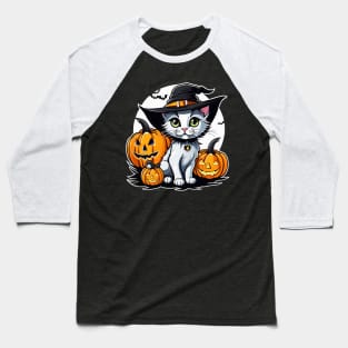 Cute witch cat with pumpkins halloween design Baseball T-Shirt